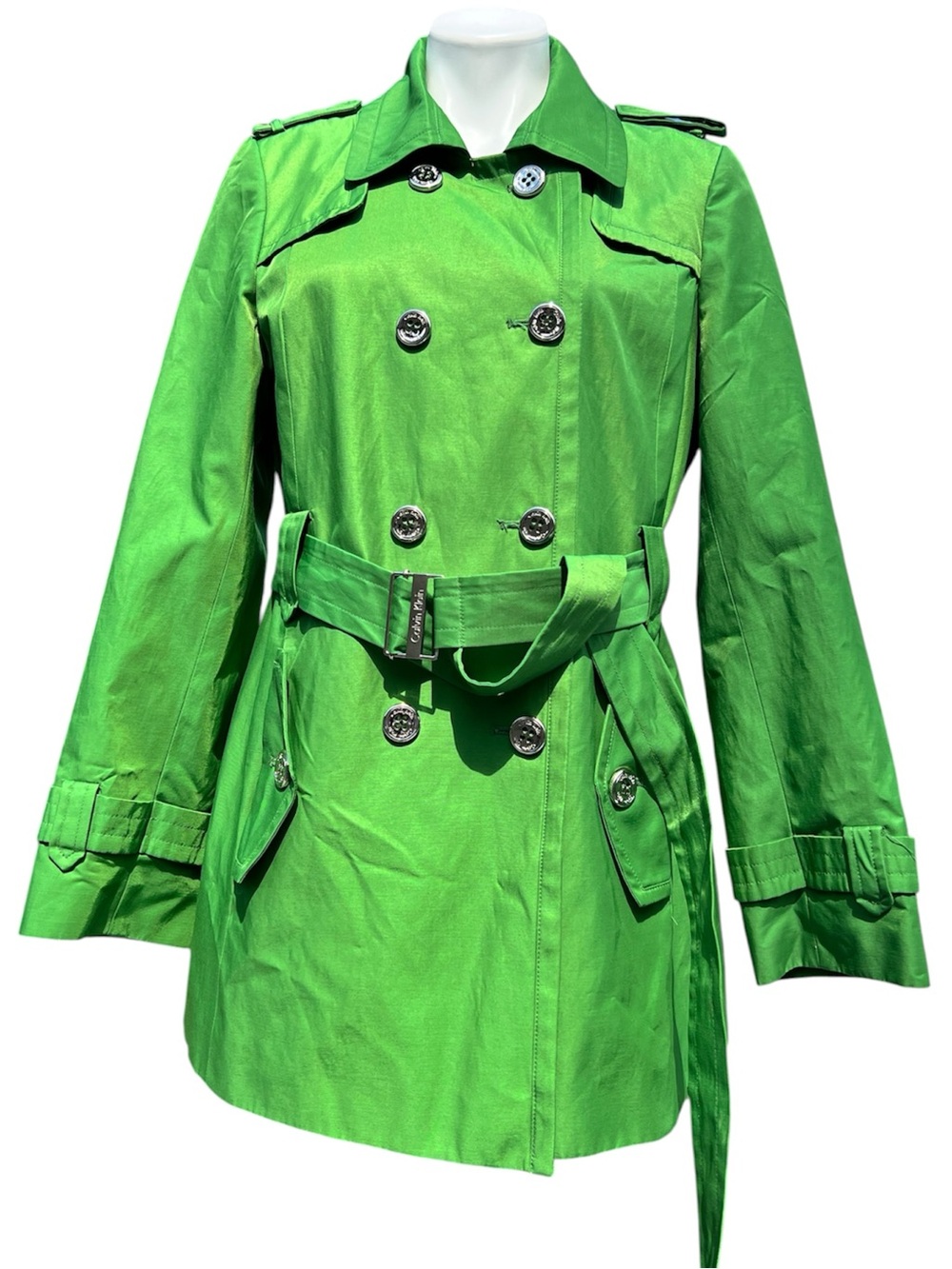 Calvin Klein Bright Green Double-Breasted Trench Coat Size Large